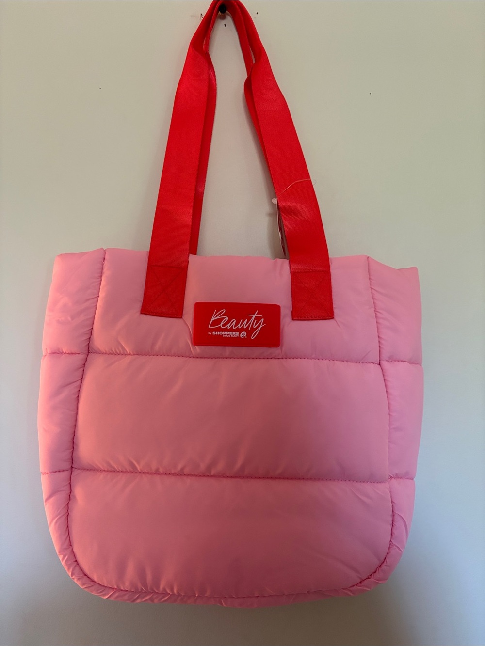 Quilted Pink Tote with Red Straps